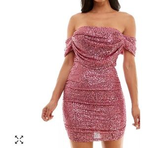 Bebe off the shoulder draped sequin mini dress.